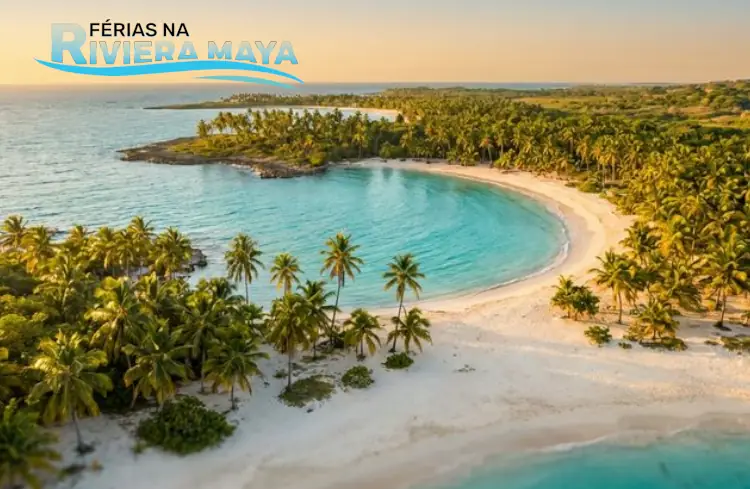 Vista aérea de uma praia paradisíaca das Caraíbas com areia branca e águas turquesa ao pôr do sol — destinos em promoção na BTL 2026