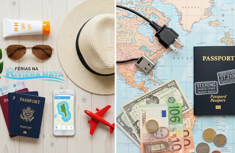 planeamento organizado com adaptadores, moedas e passaporte