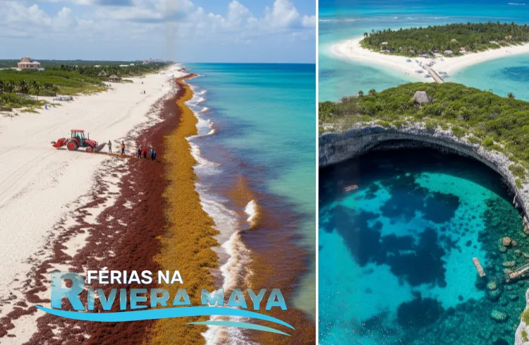 Comparação entre praia com sargaço na Riviera Maya e alternativas limpas como Cenotes