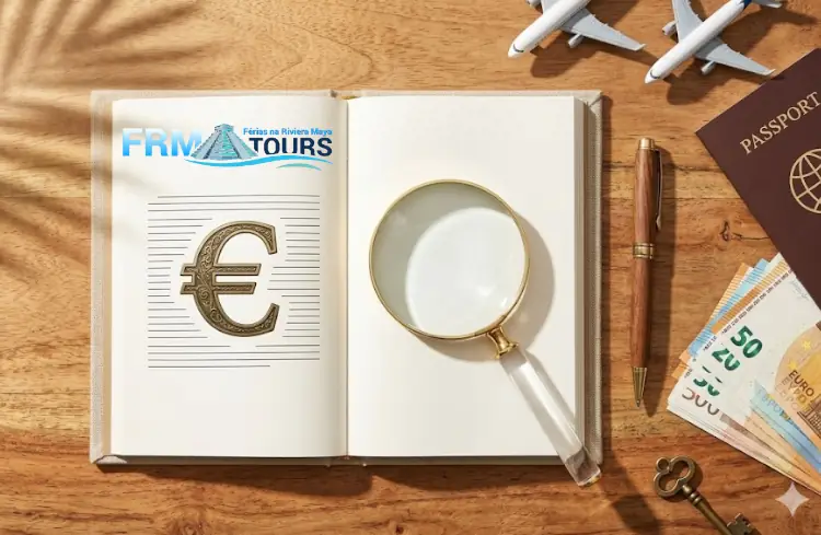 Fotografia conceitual em estilo flat-lay sobre uma mesa de madeira tropical com uma suave sombra de palmeira. No centro, um caderno de notas exibe um grande símbolo do Euro (€) ao lado de notas de Euro perfeitamente organizadas. Uma lupa de cristal límpido está posicionada sobre uma página branca em branco, simbolizando transparência total, honestidade de preços e a ausência de taxas ou custos escondidos numa viagem