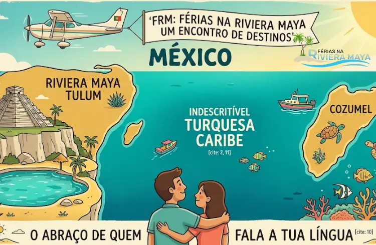 Uma visualização cartoon autêntica do acolhimento humano no México com guia português: Um mapa ilustrado exclusivo que une Tulum e Cozumel sobre o mar turquesa, com um avião e um abraço seguro, longe das multidões