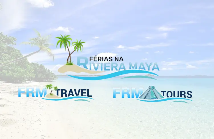Composição visual mostrando os antigos e novos logótipos da Férias na Riviera Maya, FRM Travel e FRM Tours, sobrepostos numa paisagem paradisíaca de praia com areia branca e águas cristalinas