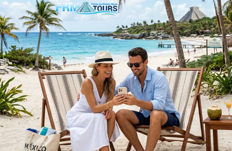 Casal a planear pacote de excursões personalizadas na FRM Tours na praia da Riviera Maya no México.