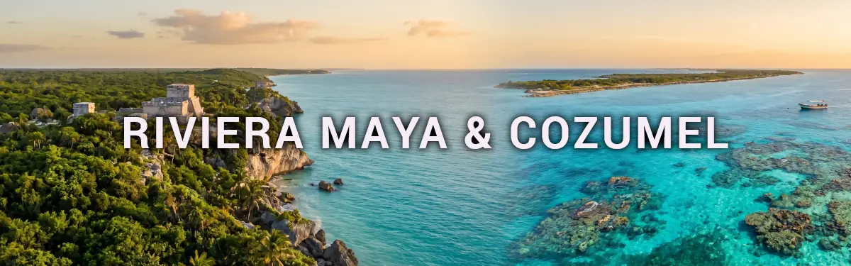 Imagem dividida a ilustrar o contraste das Caraíbas: cenotes, diversão, passeios com o centro de Playa del Carmen com o contraste da encantadora ilha de Cozumel, com os seus corais e estrelas do mar.