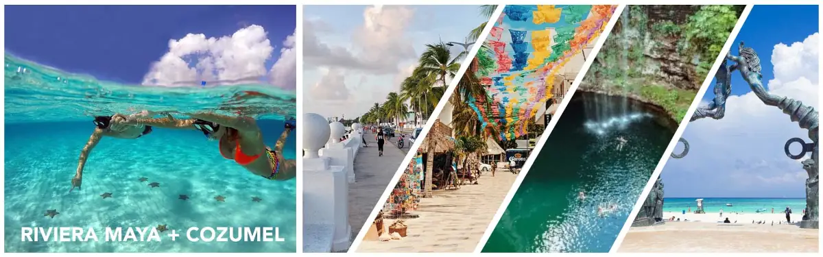 Imagem dividida a ilustrar o contraste das Caraíbas: cenotes, diversão, passeios com o centro de Playa del Carmen com o contraste da encantadora ilha de Cozumel, com os seus corais e estrelas do mar.