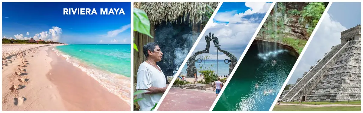 Praia na Riviera Maya com a cultura presente na região dos Mayas, com um chamã e a pirâmide de Kukulcan