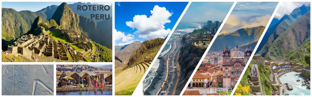 Roteiro Perú Completo: Colagem com Machu Picchu, Linhas de Nazca, falésias de Lima, Catedral de Cusco e ilhas flutuantes dos Uros