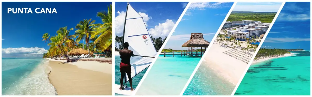 Férias em Punta Cana: Colagem com a famosa Praia Bávaro, veleiro desportivo, resort de luxo com piscinas e palmeiras na areia branca