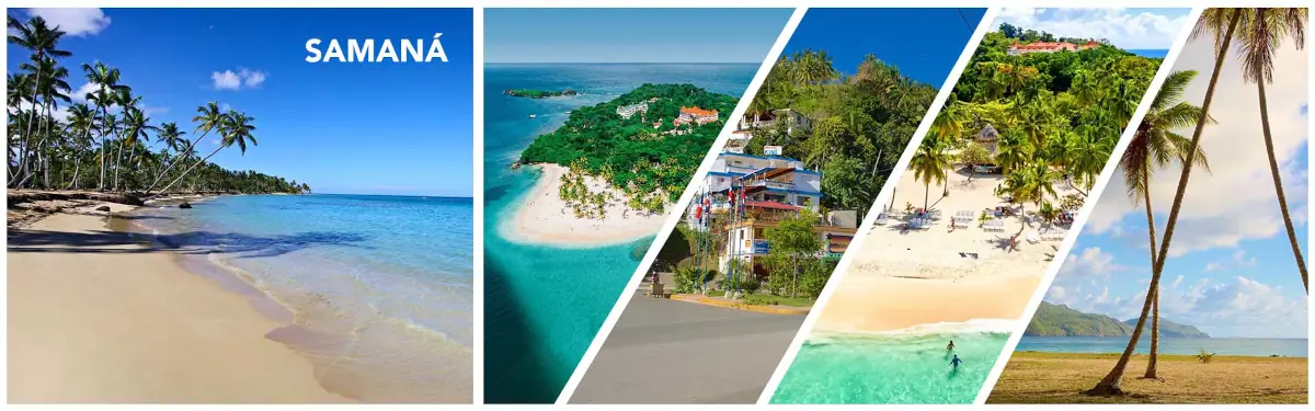 Férias em Samaná: Colagem com a praia de Cayo Levantado, a Cascata El Limón, vista aérea da baía e palmeiras inclinadas sobre o mar