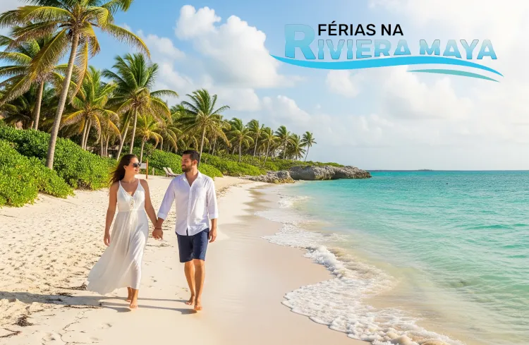 Casal a caminhar na praia na Riviera Maya em segurança