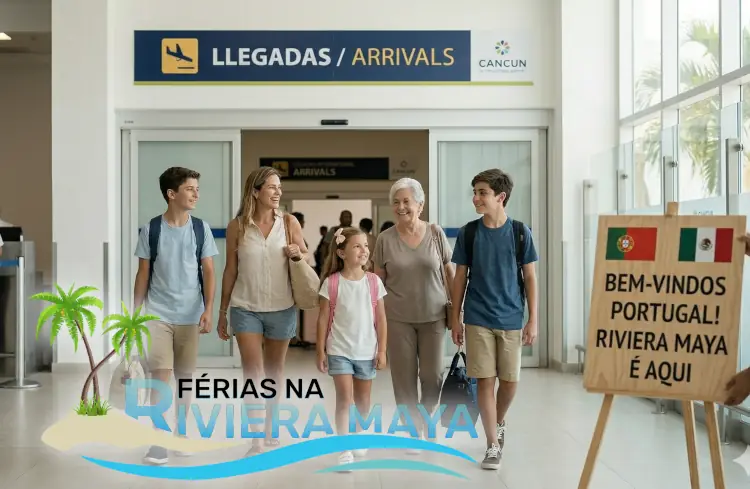 Família feliz a chegar ao aeroporto de Cancún com placa de boas-vindas