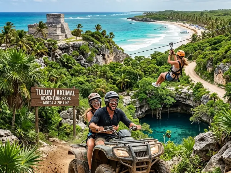 Casal feliz a conduzir uma moto4 num trilho de terra batida na selva de Tulum, com uma tirolesa a passar por cima, um cenote de águas cristalinas ao fundo e as ruínas arqueológicas de Tulum em destaque perto da costa caribenha
