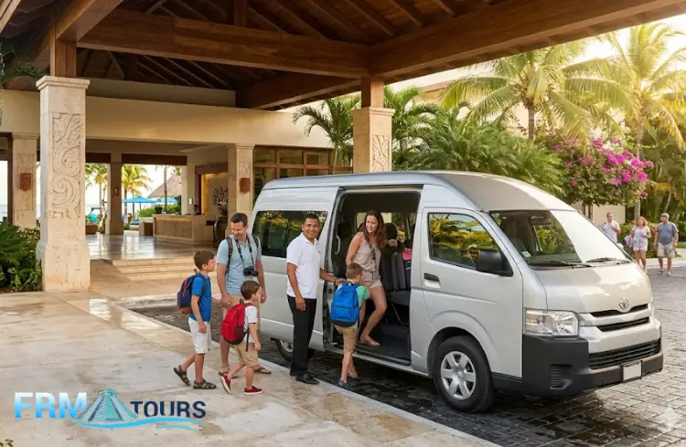 Família de turistas a embarcar com segurança numa carrinha branca da FRM Tours à entrada de um resort na Riviera Maya, recebidos por um guia local amigável, com o mar das Caraíbas em fundo.