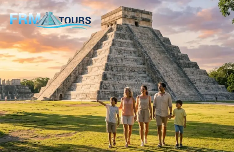 Uma família feliz de quatro pessoas (pai, mãe e dois filhos) caminha em um campo verde em direção à grande pirâmide de El Castillo em Chichén Itzá, México