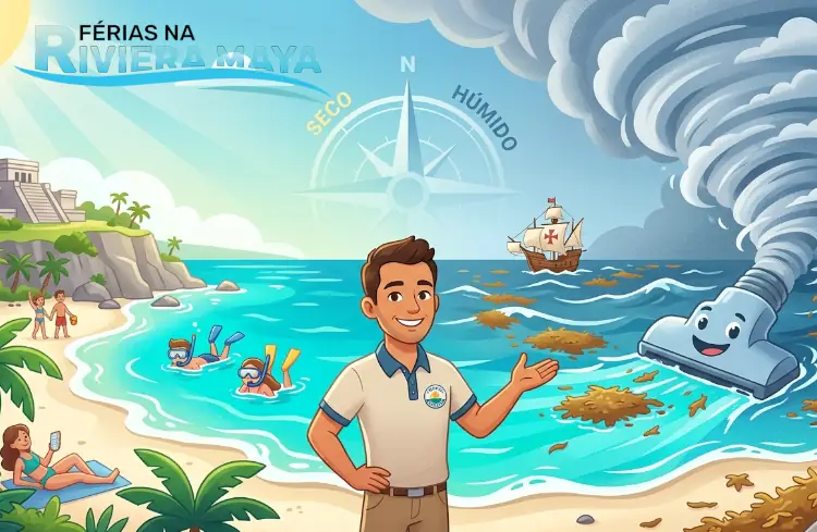 Guia Visual do Clima na Riviera Maya com Guia de Turismo e Ilustração do Fenómeno do Sargaço e Furacões