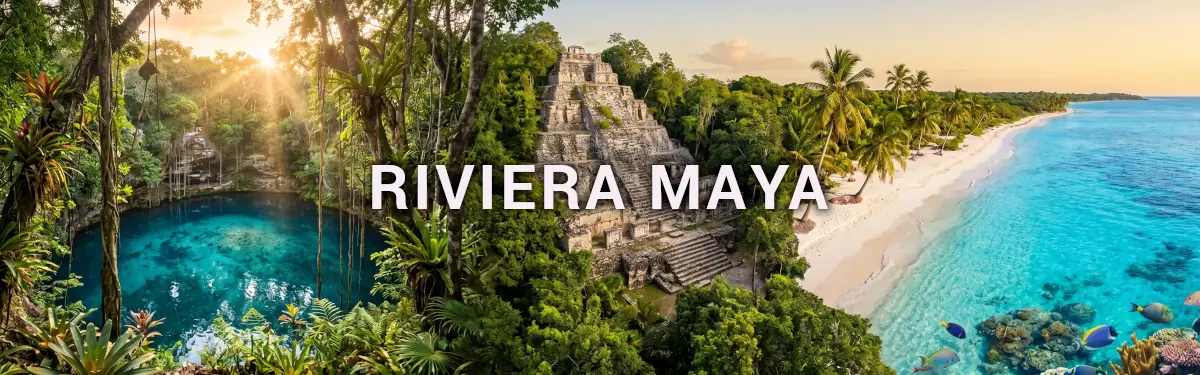 Praia na Riviera Maya com a cultura presente na região dos Mayas, com um chamã e a pirâmide