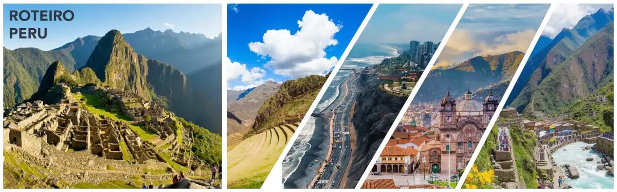 Roteiro Perú 9 Dias: Colagem com Machu Picchu, Ilhas flutuantes dos Uros, arquitetura de Cusco e Catedral de Lima