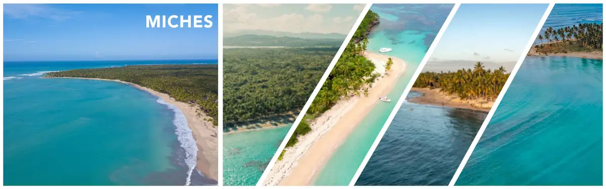 Férias em Miches: Colagem com a Playa Esmeralda virgem, floresta tropical, cais de madeira e vista aérea da costa verdejante
